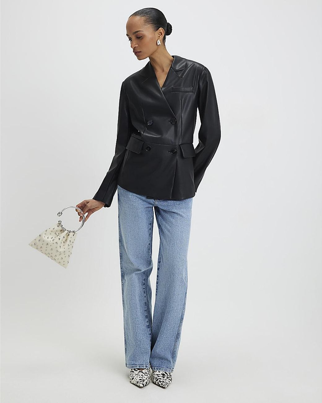 River Island Black Blazer Faux Leather Collarless