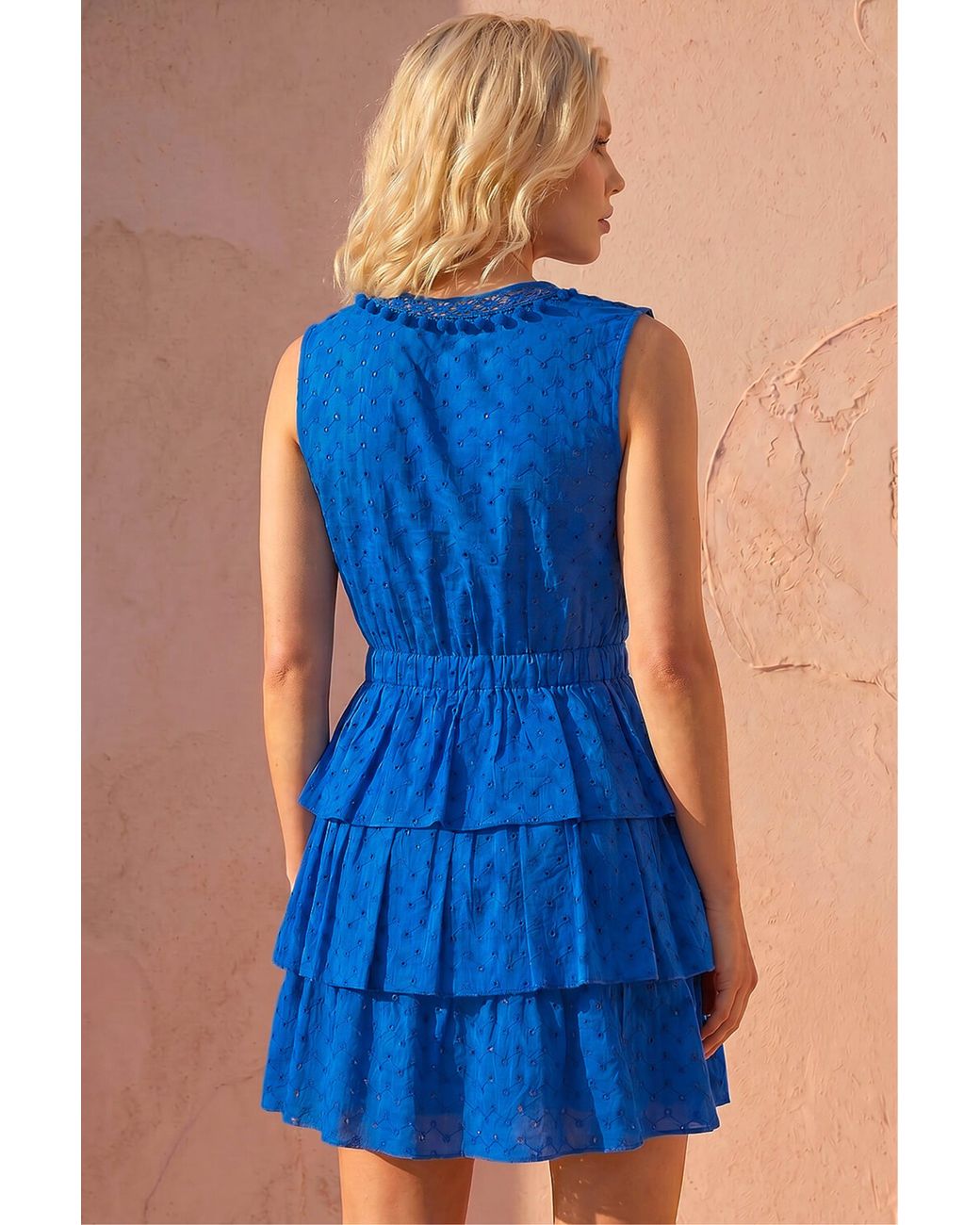 Roman Blue Petite Cotton Tiered Tie Waist Dress