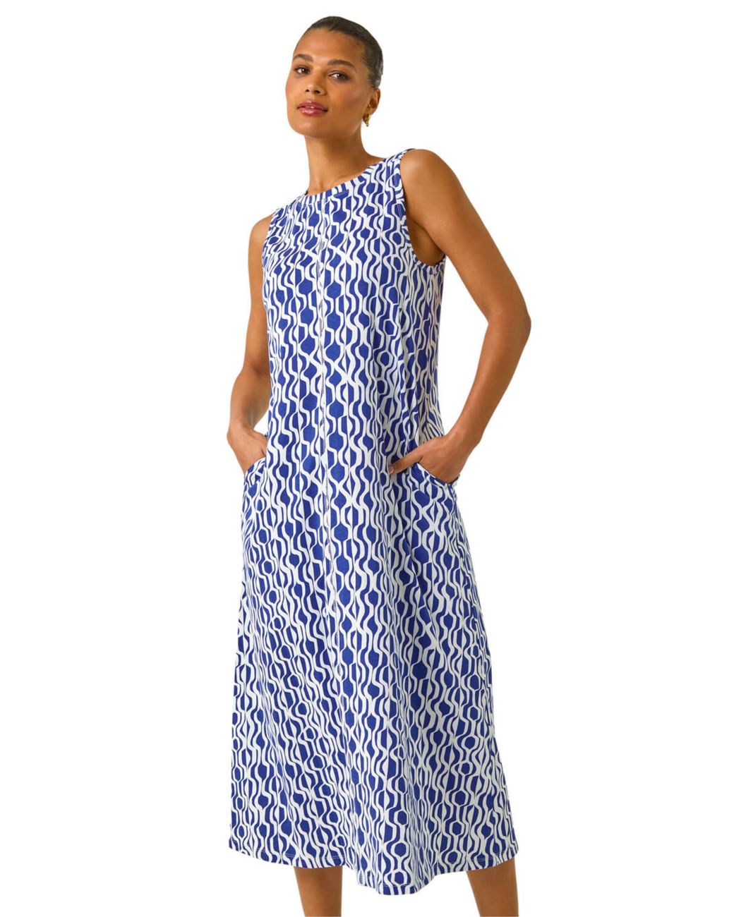 Roman Blue Geo Print Pocket Midi Dress
