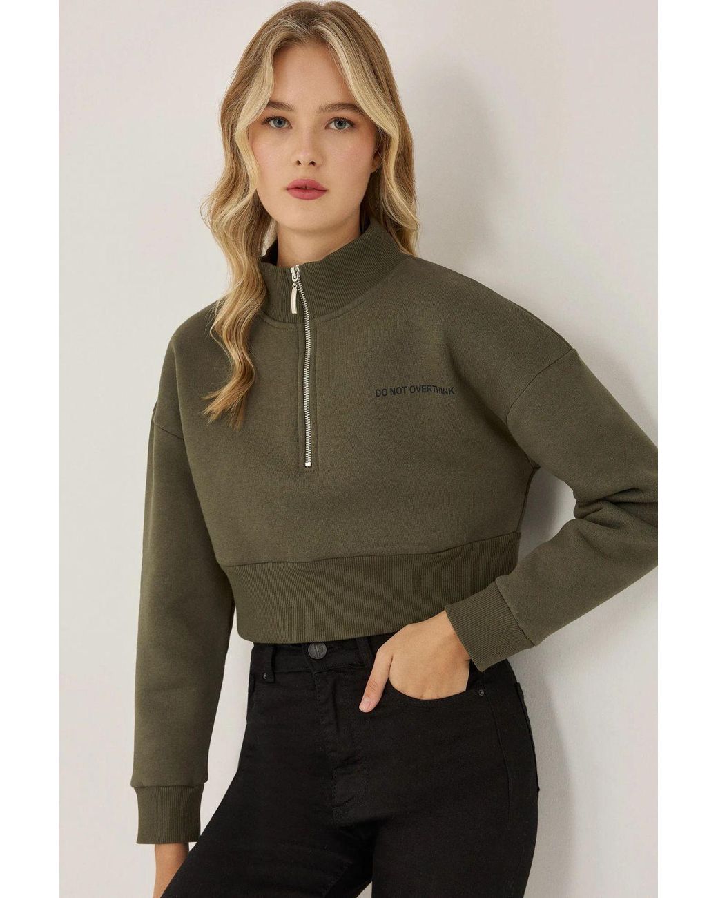 Hiccup Green Zipper Collar Crop Slogan Sweatshirt