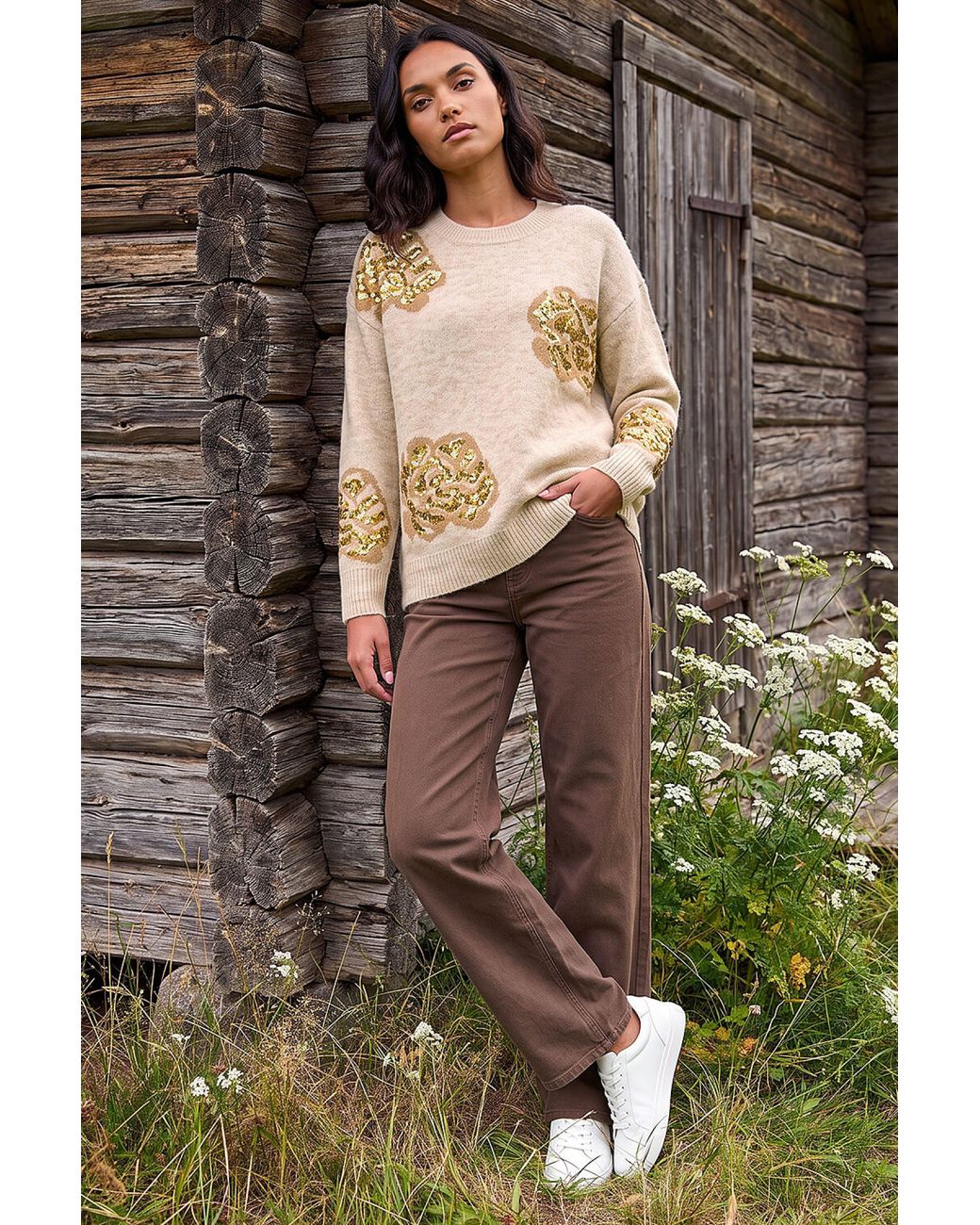 Roman Brown Floral Sequin Knit Jumper