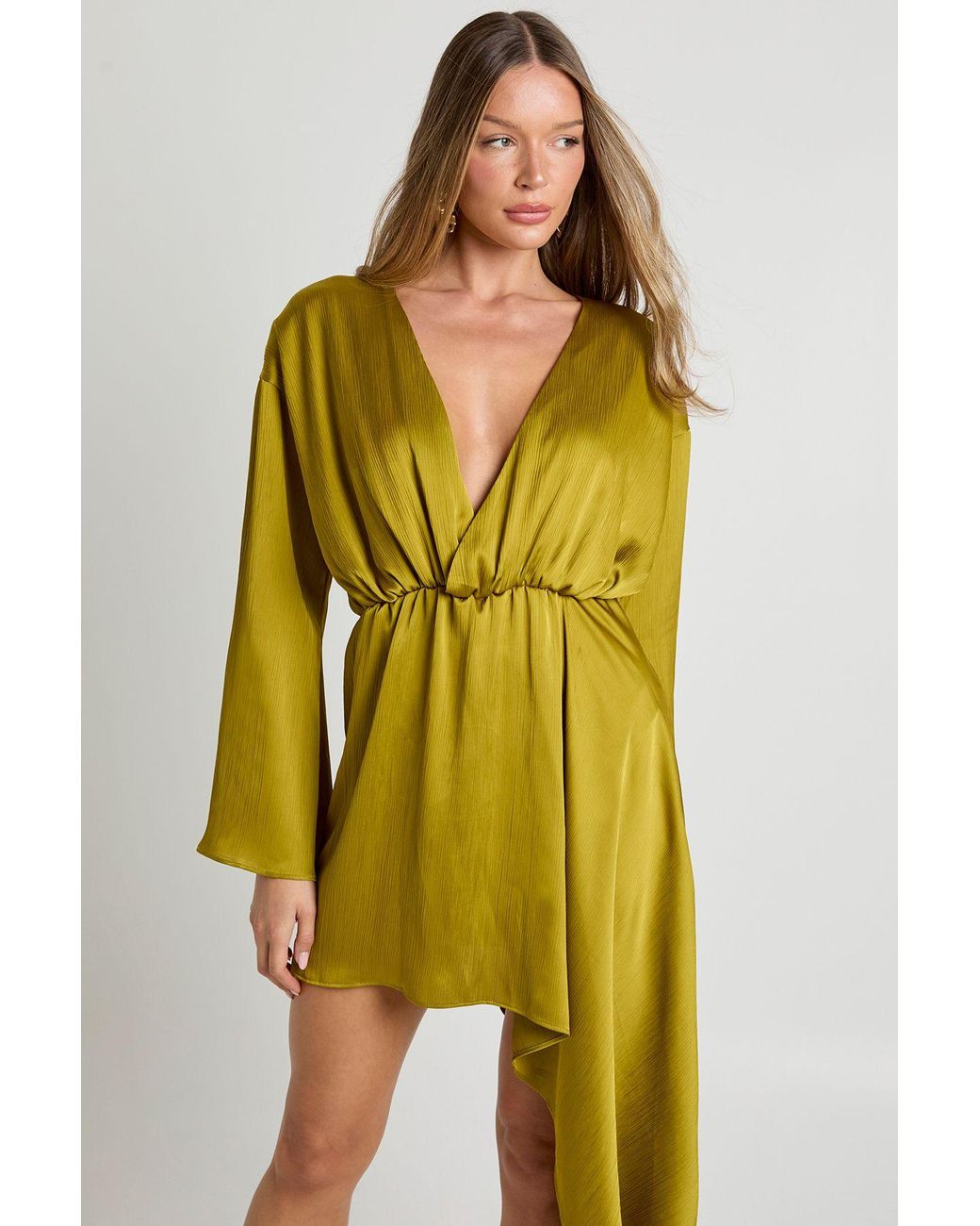 Boohoo Yellow Textured Satin Draped Wrap Mini Dress