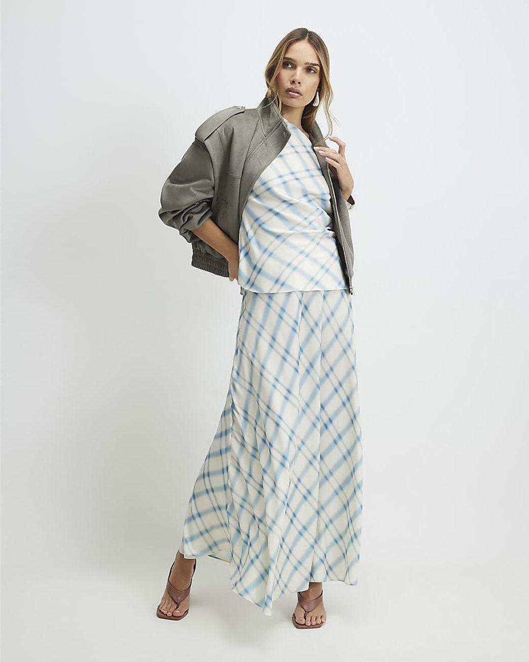 River Island Blue Maxi Skirt Check Elasticated Waist