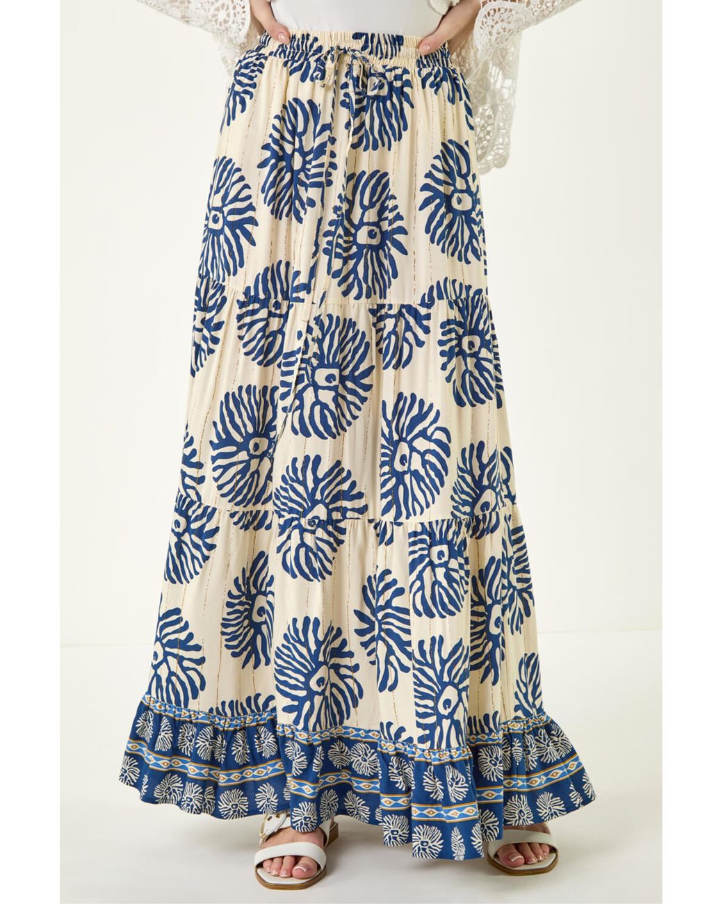 Roman Blue Mono Print Tiered Maxi Skirt