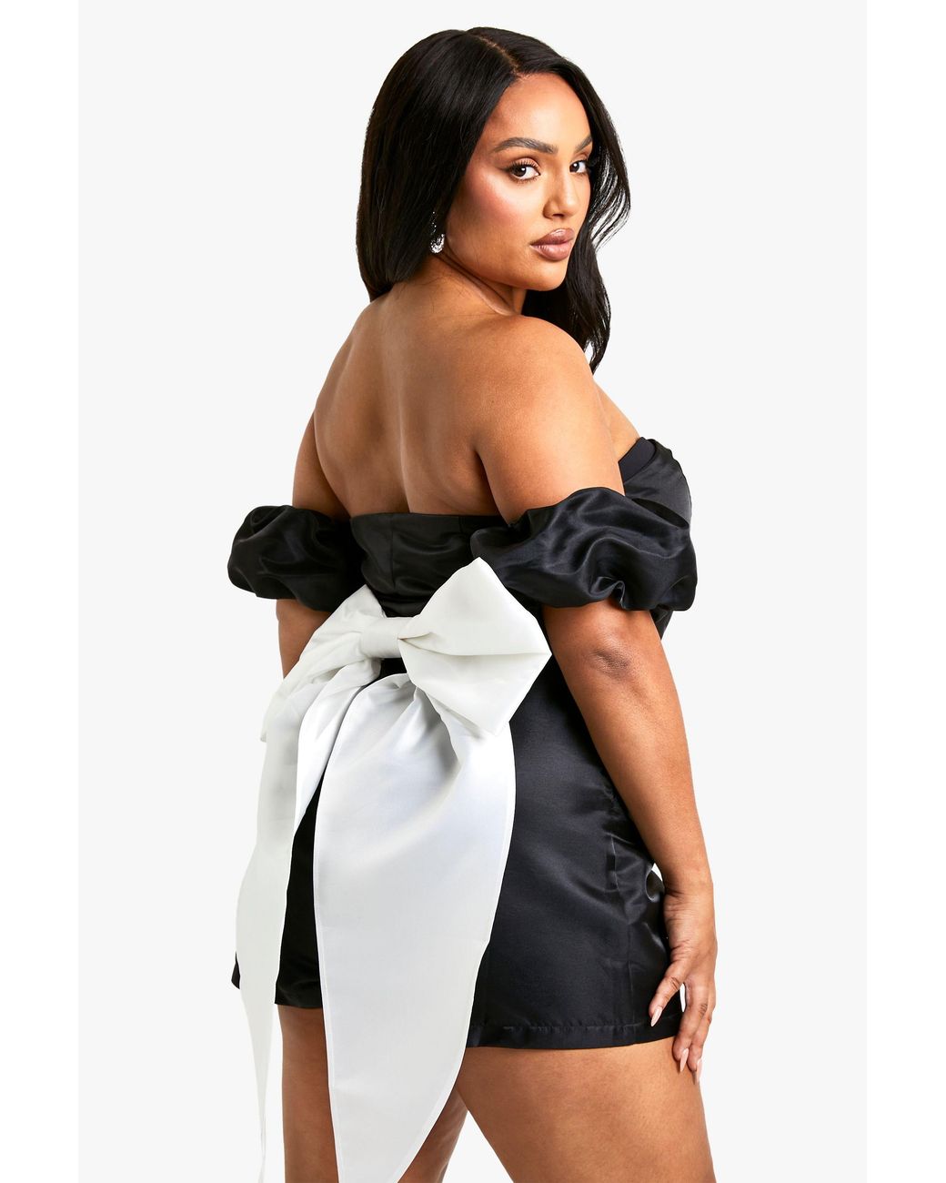 Boohoo Black Plus Taffeta Bow Back Playsuit
