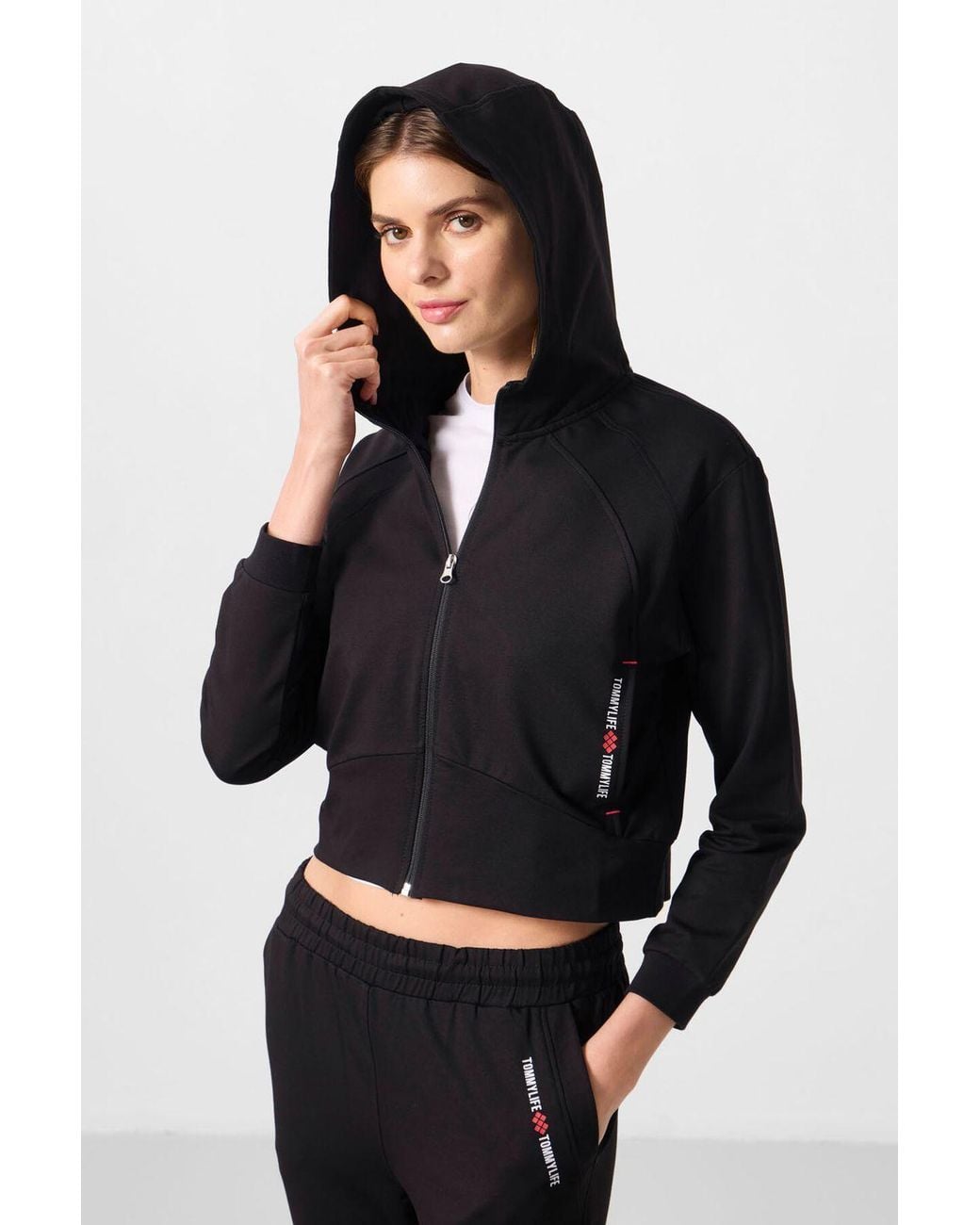 TOMMY LIFE Black Oversized Hooded Zip Sweatshirt And Pants Set