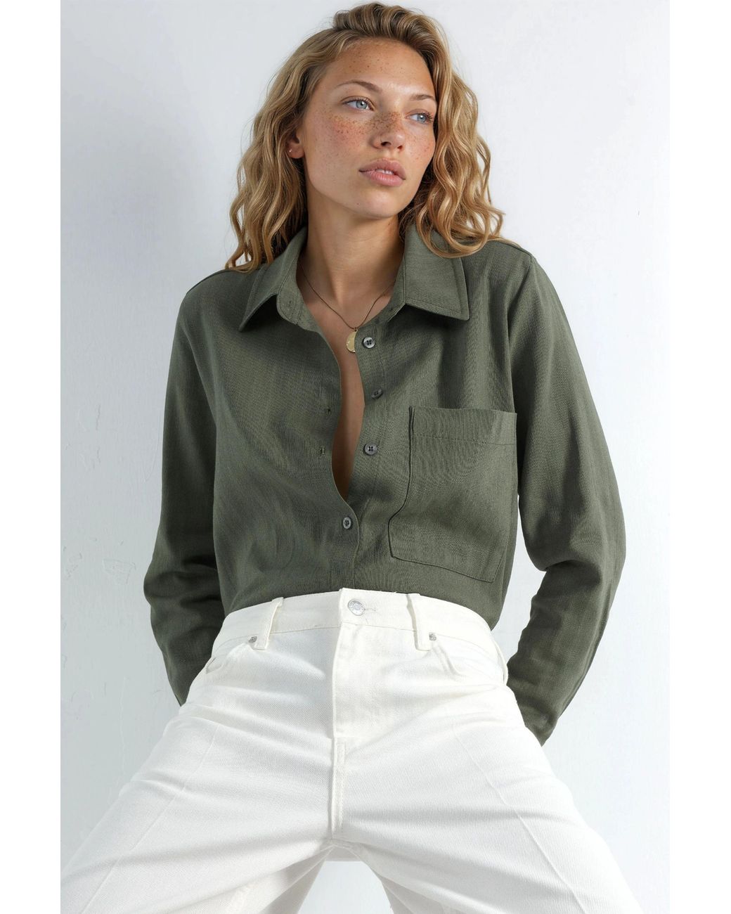 Hiccup Green Linen Shirt With Pockets