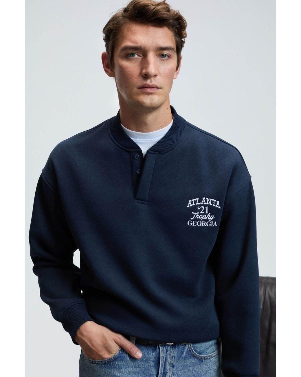 Grimelange Blue Mandarin Collar Printed Sweatshirt for men