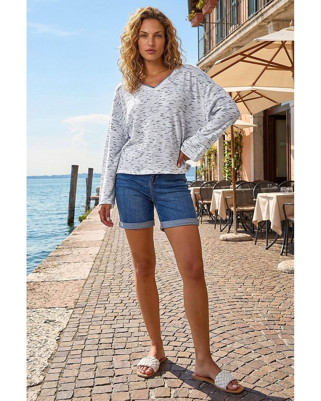 Roman Gray Contrast Stitch V-Neck Top
