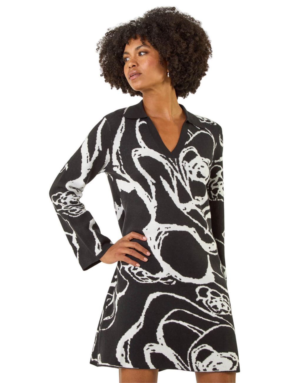 Roman Black Floral Abstract Knit Dress