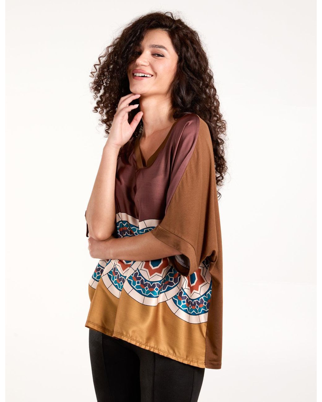 Blue Vanilla Orange Satin Viscose Back Print Blouse