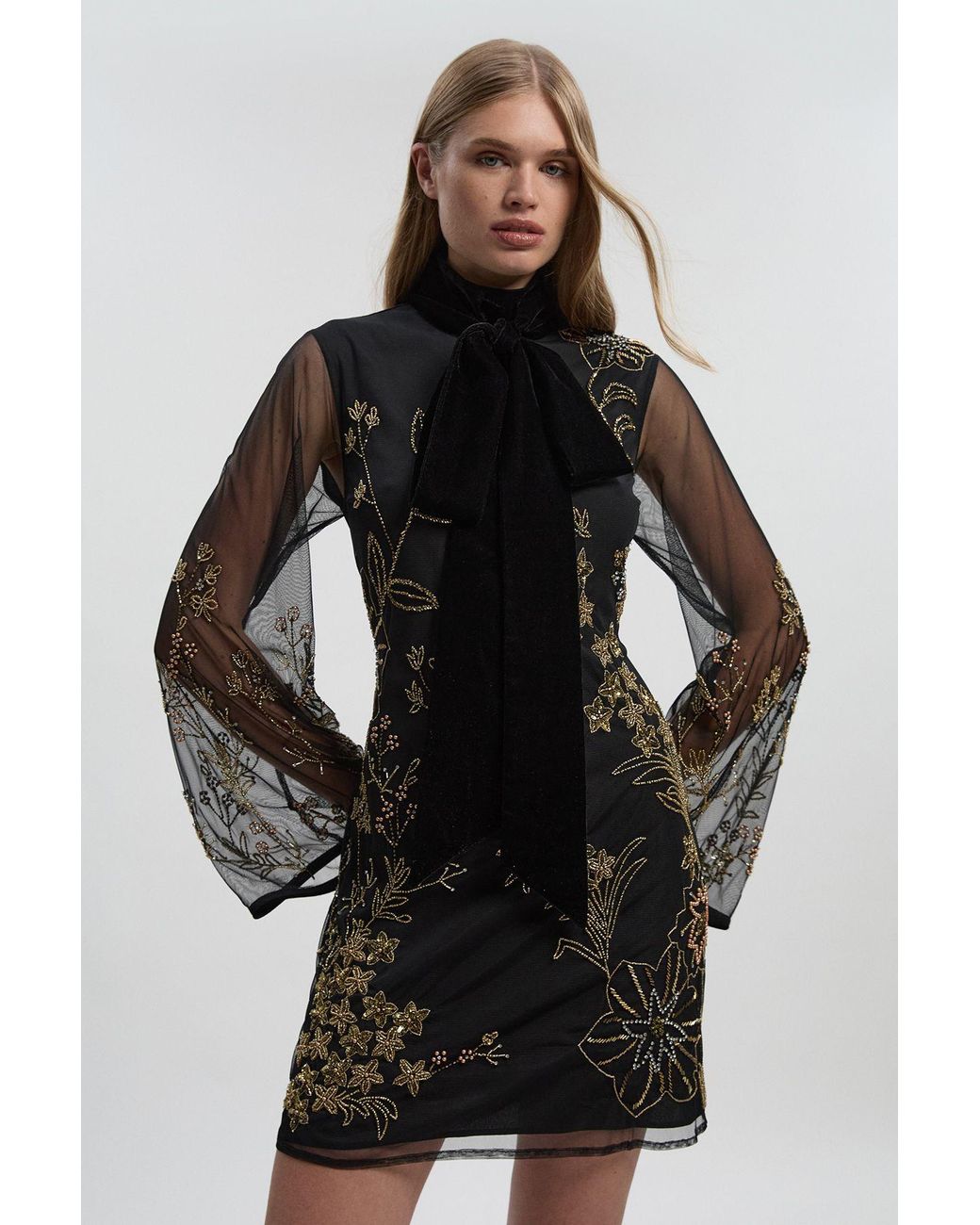 Karen Millen Black Floral Applique Embellished Organdie Woven Mini Dress