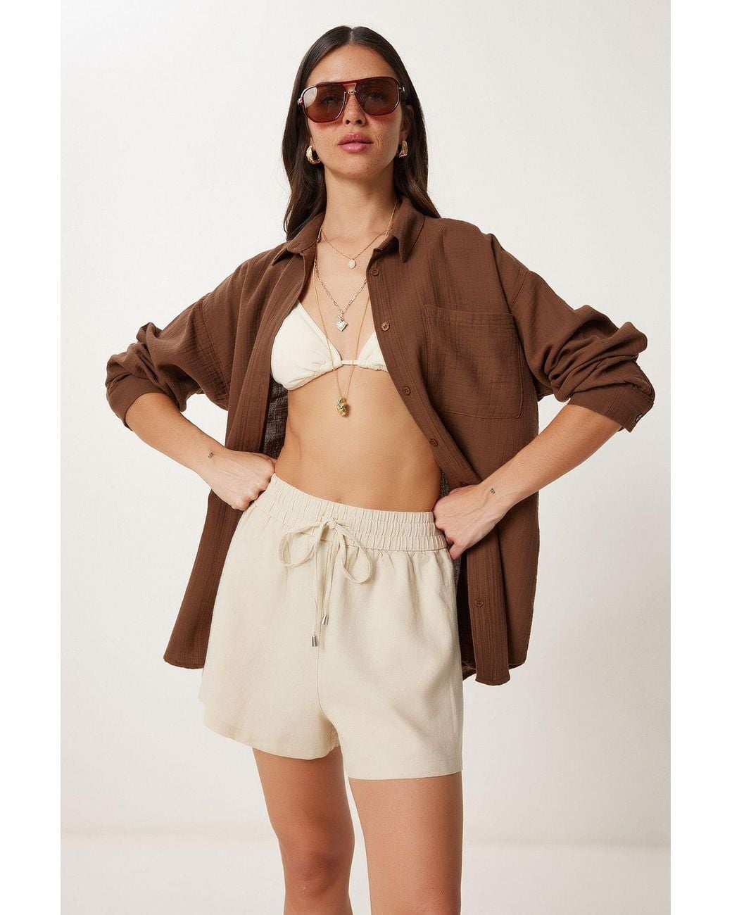 Happiness İstanbul Brown Oversized Textured Cotton Shirt With Pocket
