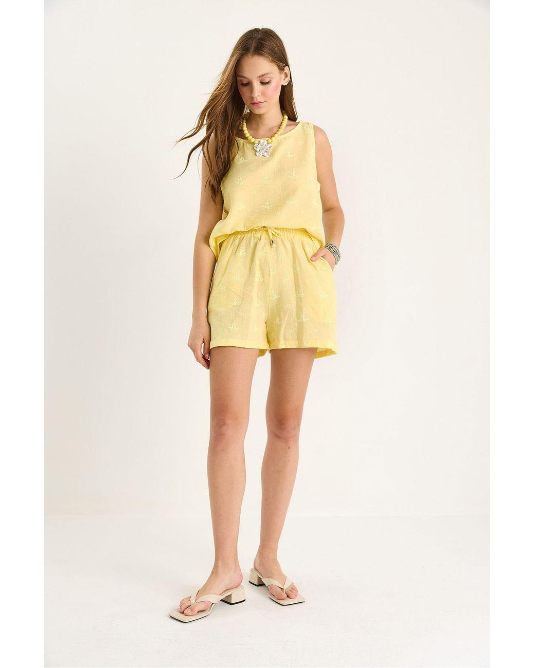 Bianco Lucci Yellow Short High Waist Two-Piece Coord Set With Button Closure