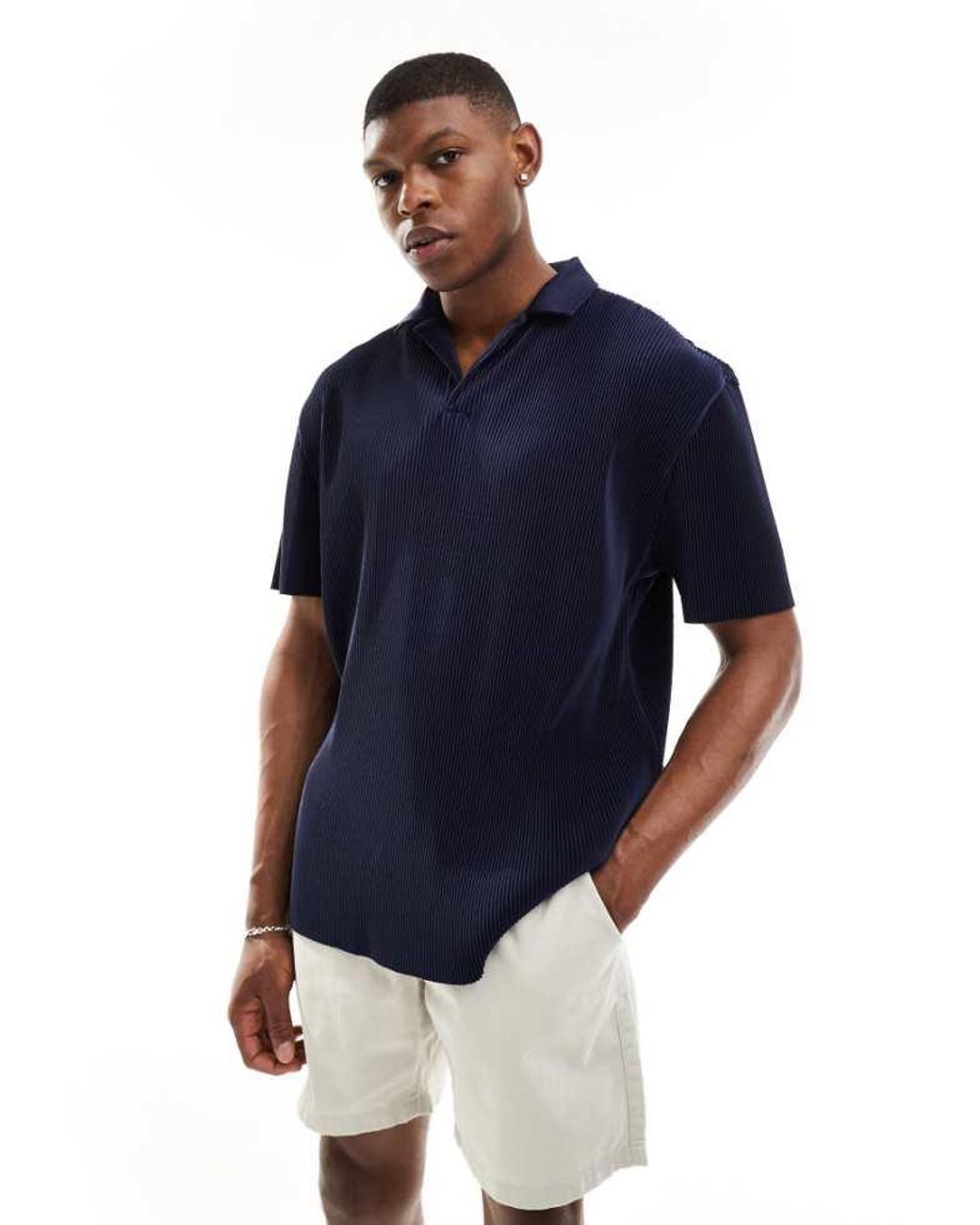 ASOS Blue Relaxed Revere Plisse Polo for men