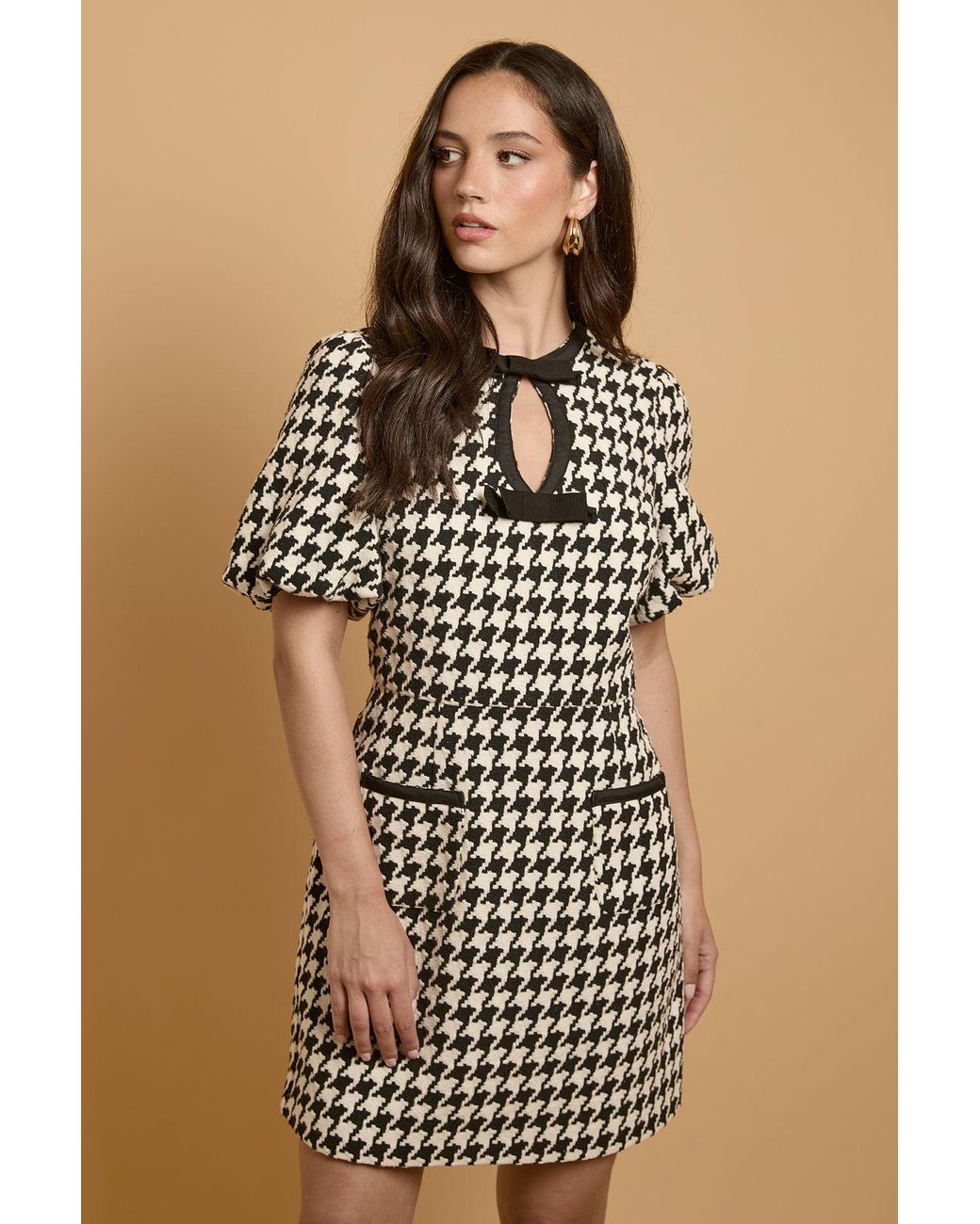 Oasis Brown Houndstooth Puff Sleeve Mini Dress With Bows