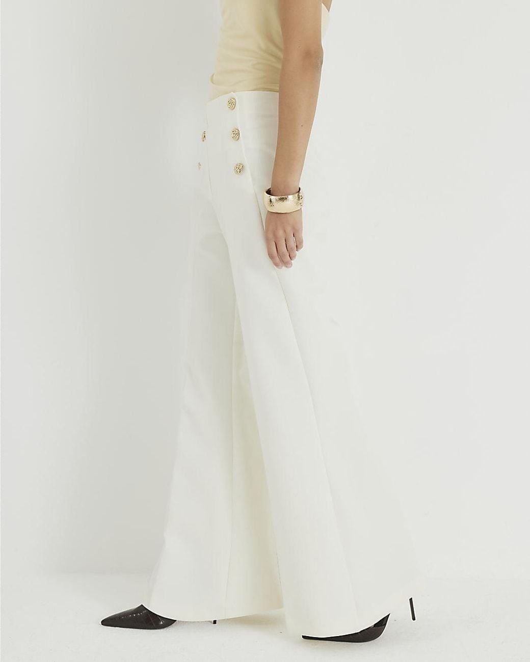 River Island White Wide Leg Trousers Button Front