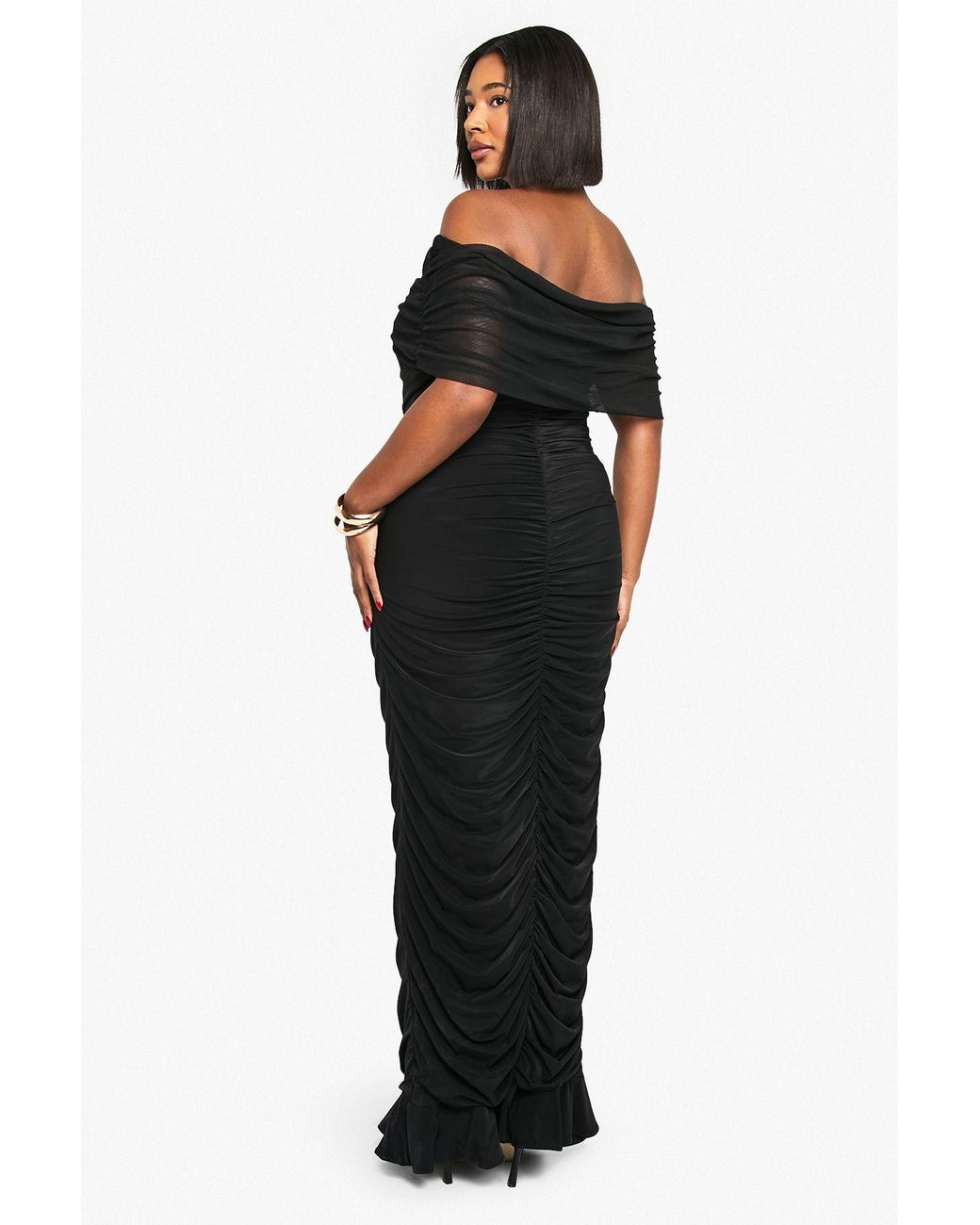 Boohoo Black Plus Mesh Bardot Ruched Maxi Dress