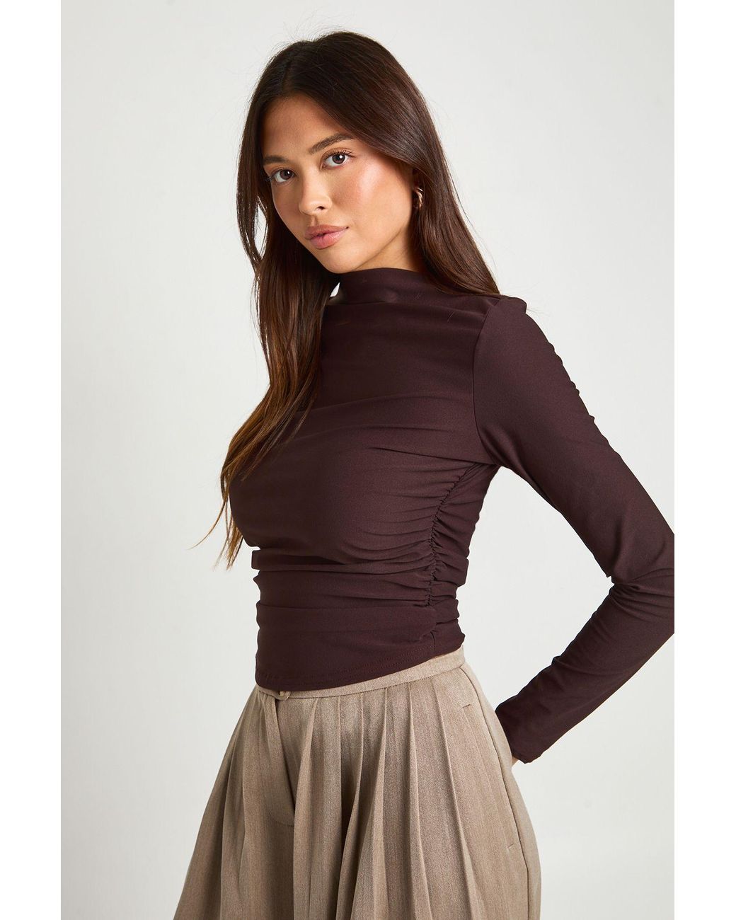 Boohoo Brown Grown On Neck Ruched Side Long Sleeve Top