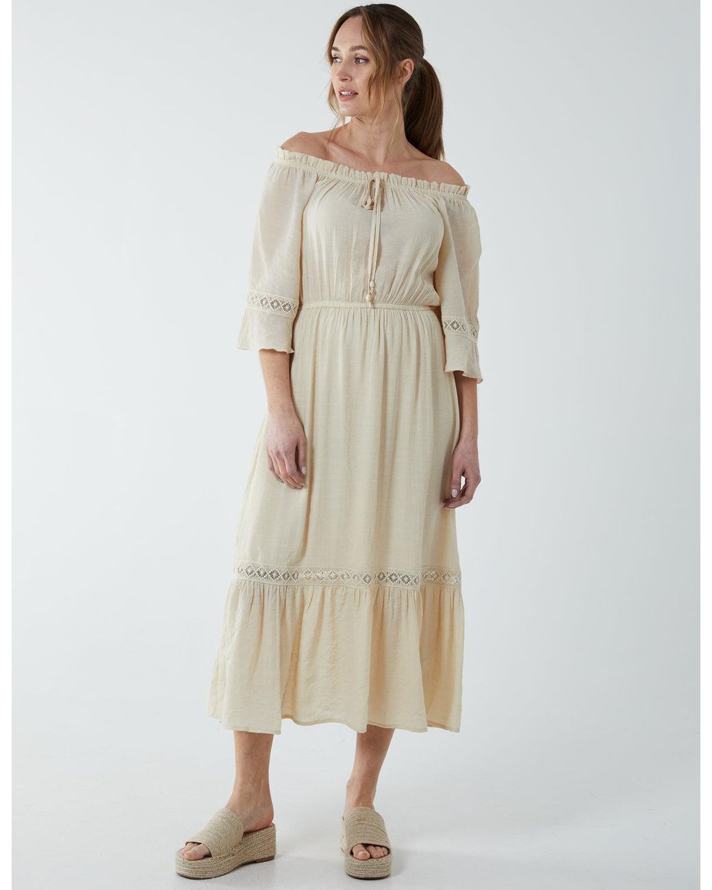 Blue Vanilla Natural Off Shoulder Elasticated Lace Insert Midi Dress