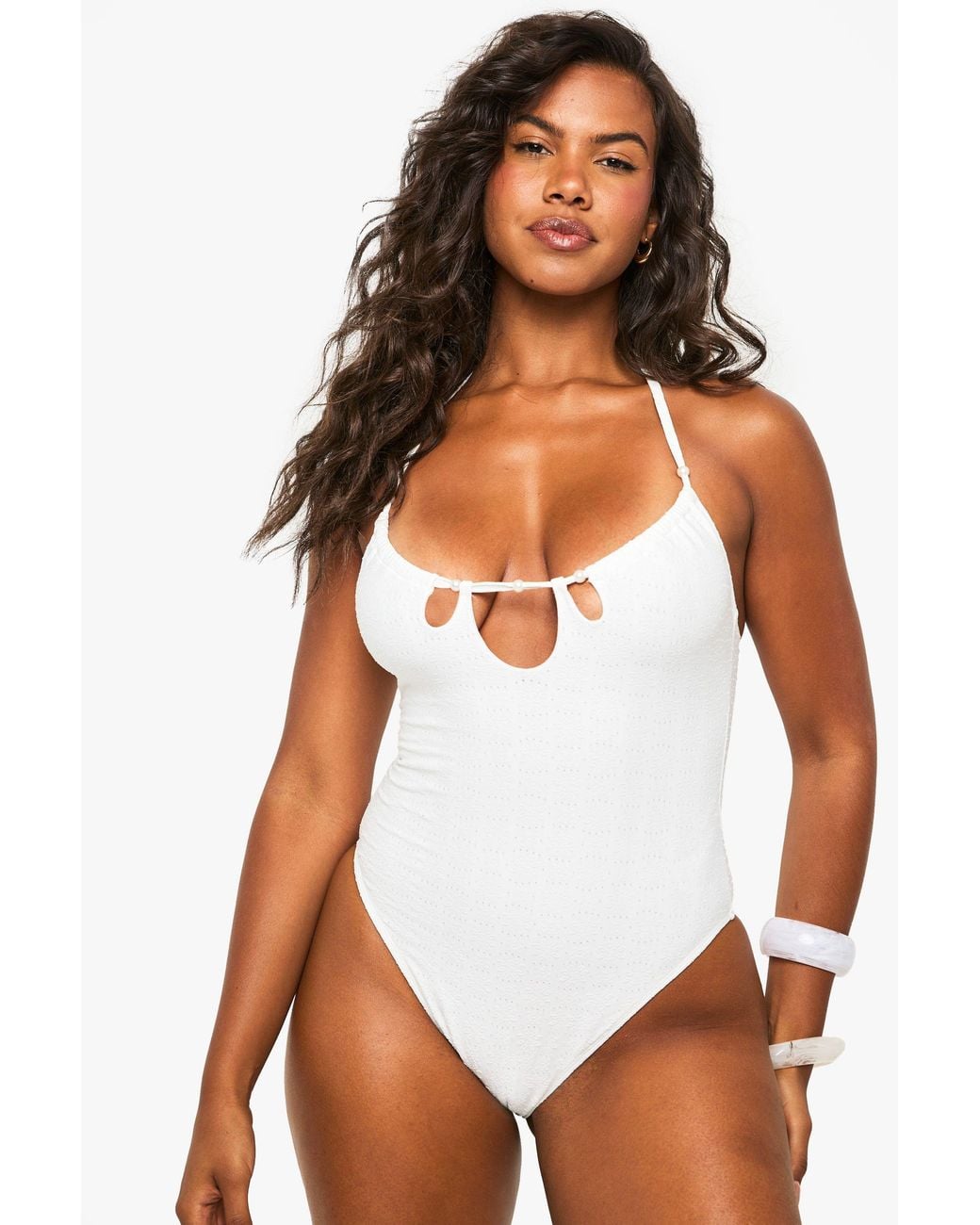 Boohoo White Premium Bridal Broderie Cut Out Bathing Suit