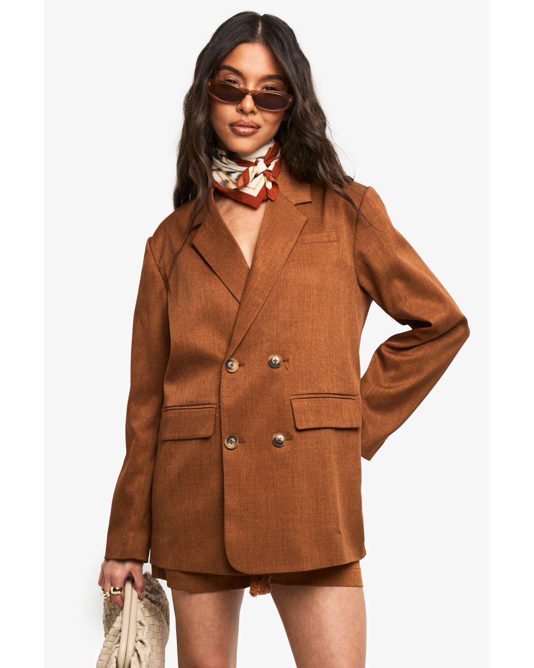 Boohoo Brown Tailored Linen Look Double Breasted Blazer