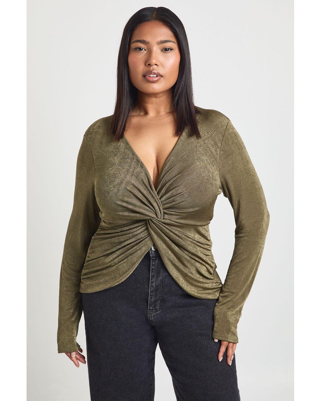 Boohoo Green Plus Knot Detail Long Sleeve Top
