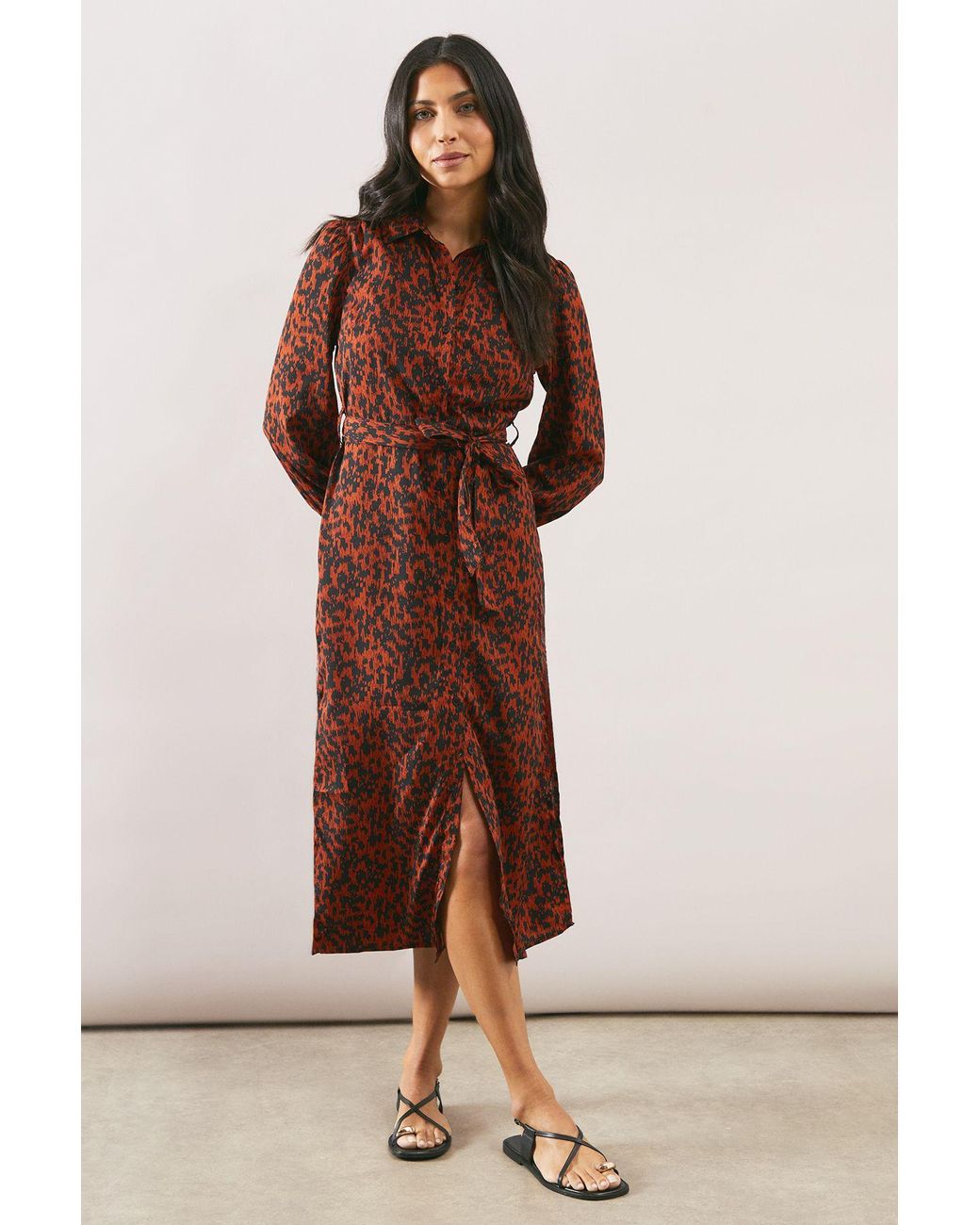 Wallis Leopard Long Sleeve Belted Shirt Dress in Brown Lyst UK