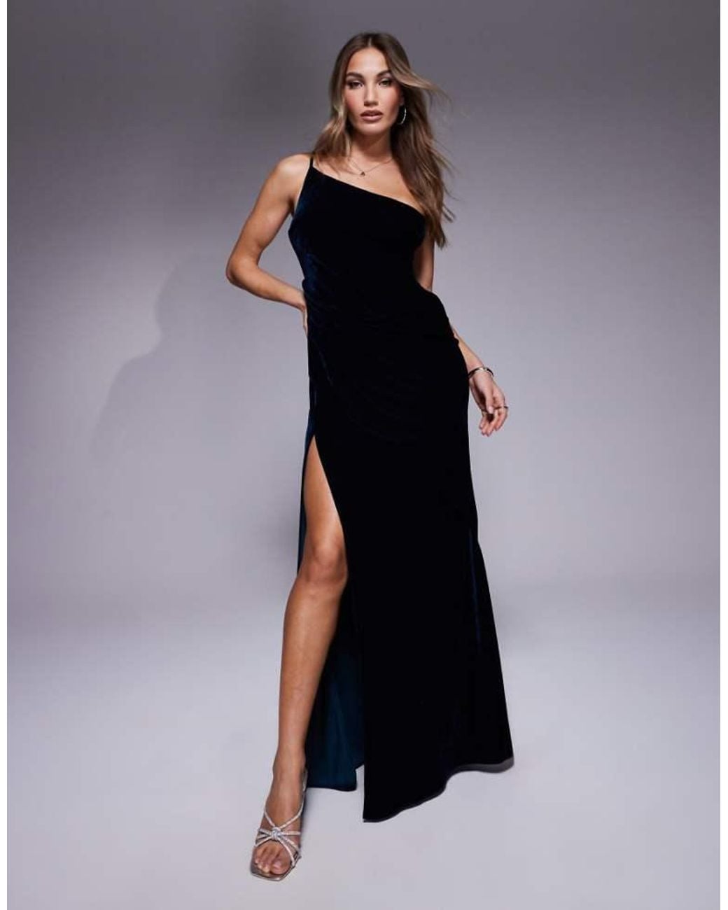 ASOS Blue One Shoulder Drape Velvet Maxi Dress With Thigh Split