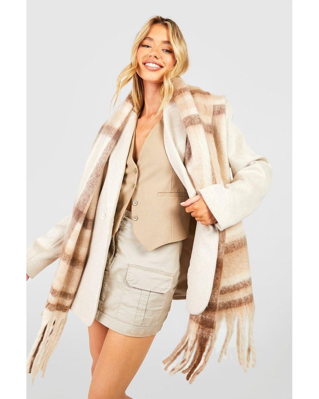 Boohoo Natural Chunky Stone Checked Fringe Scarf