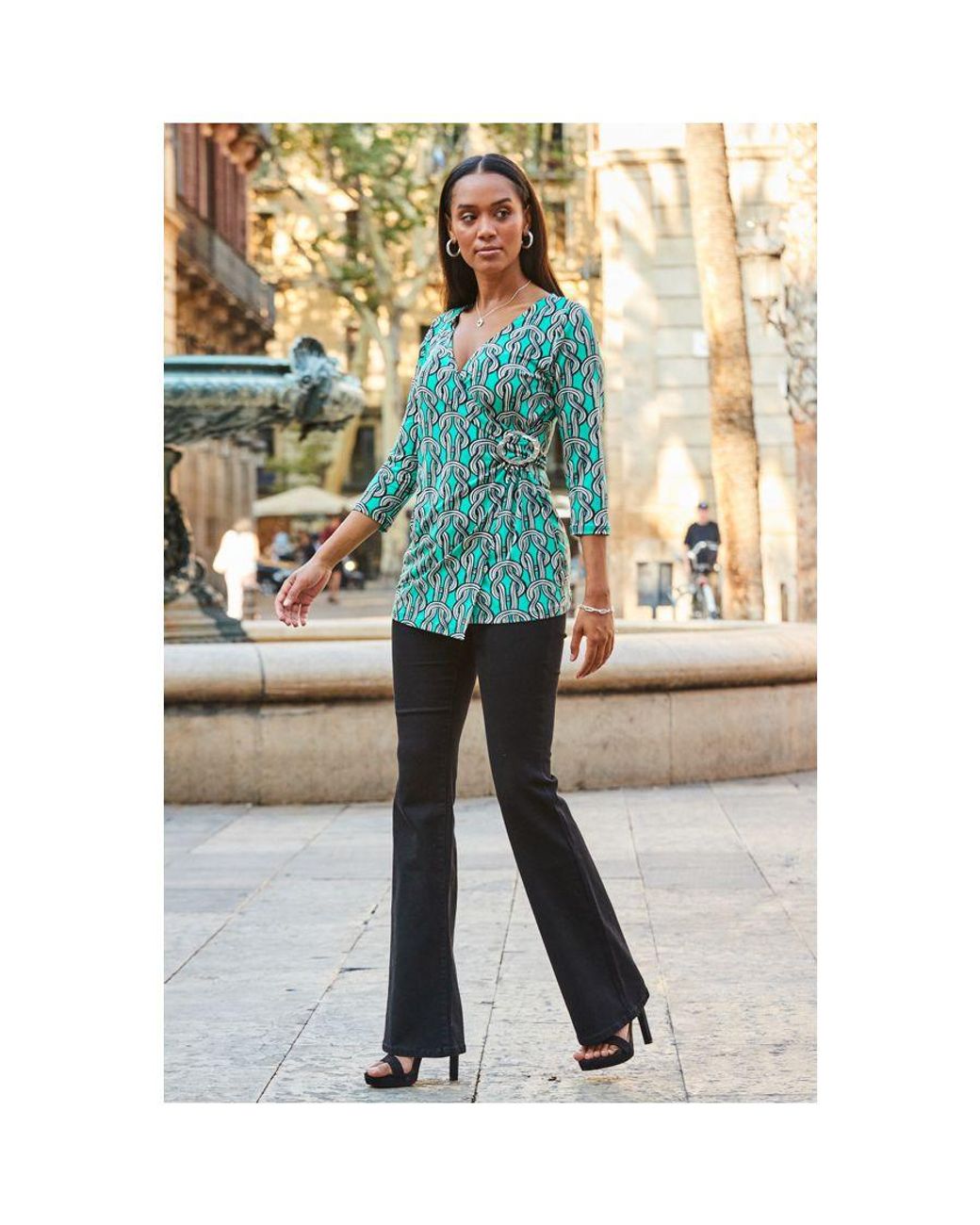 Sosandar Green Chain Print Buckle Detail Longline Jersey Wrap Top