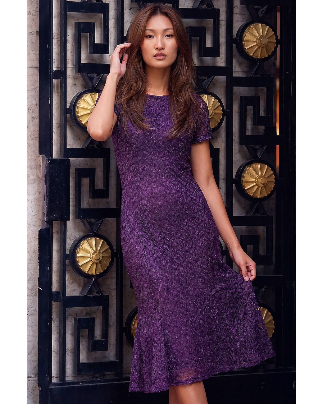 Roman Purple Sparkle Lace Midi Dress
