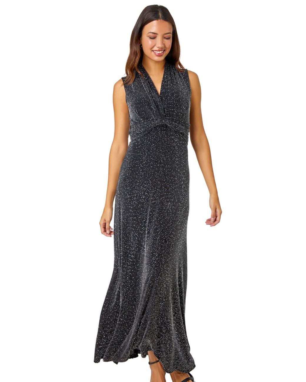 Roman Blue Shimmer Twist Detail Stretch Maxi Dress