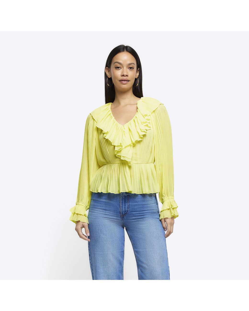 River Island Yellow Blouse Plisse Frill