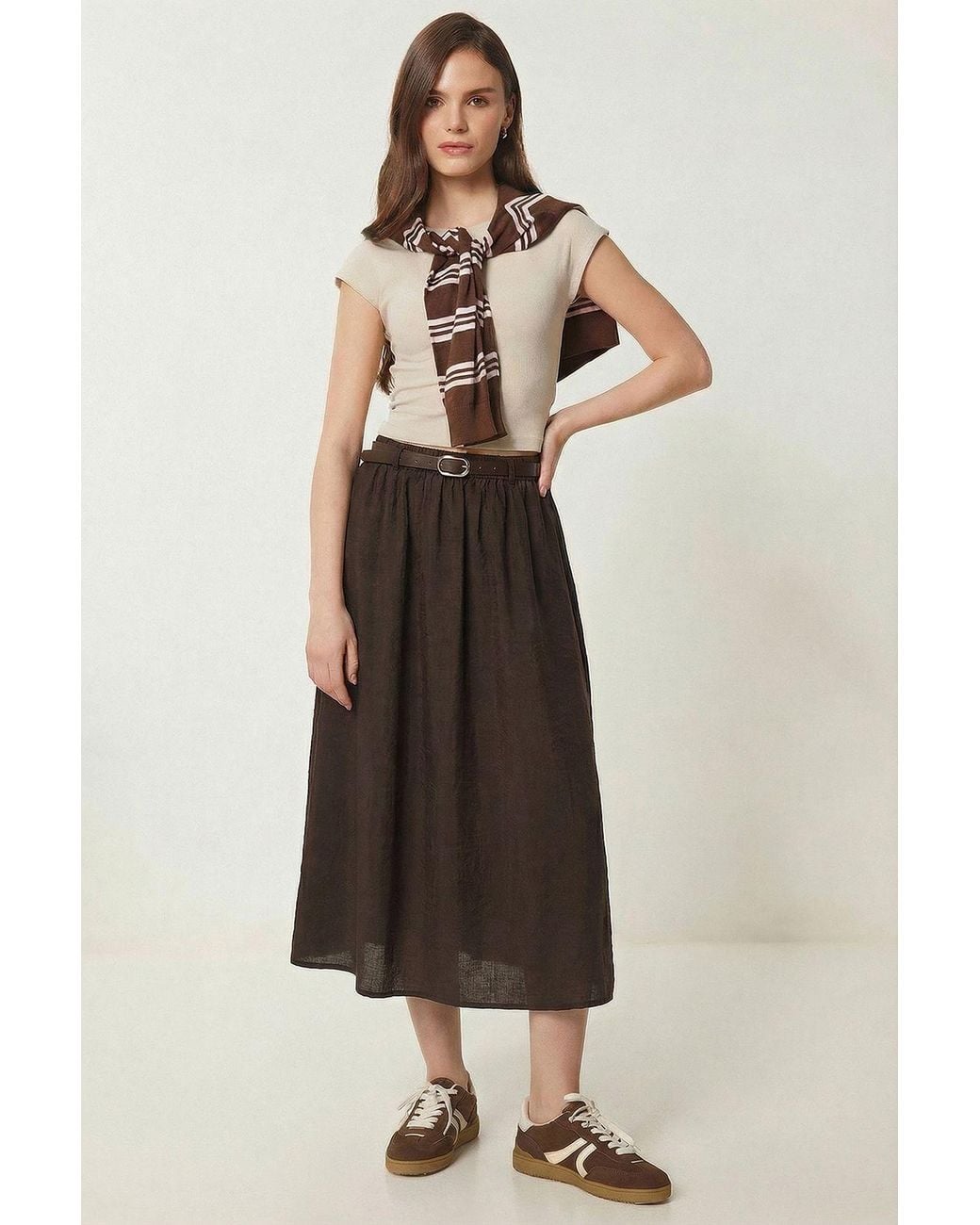 Happiness İstanbul Natural High-Waist Belted Midi A-Line Skirt