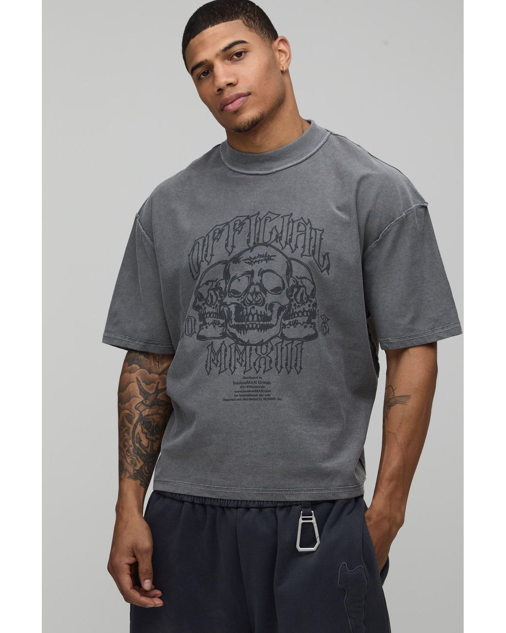 BoohooMAN Gray Washed Oversized Boxy Skull Exposed Seam T-Shirt Cotton for men