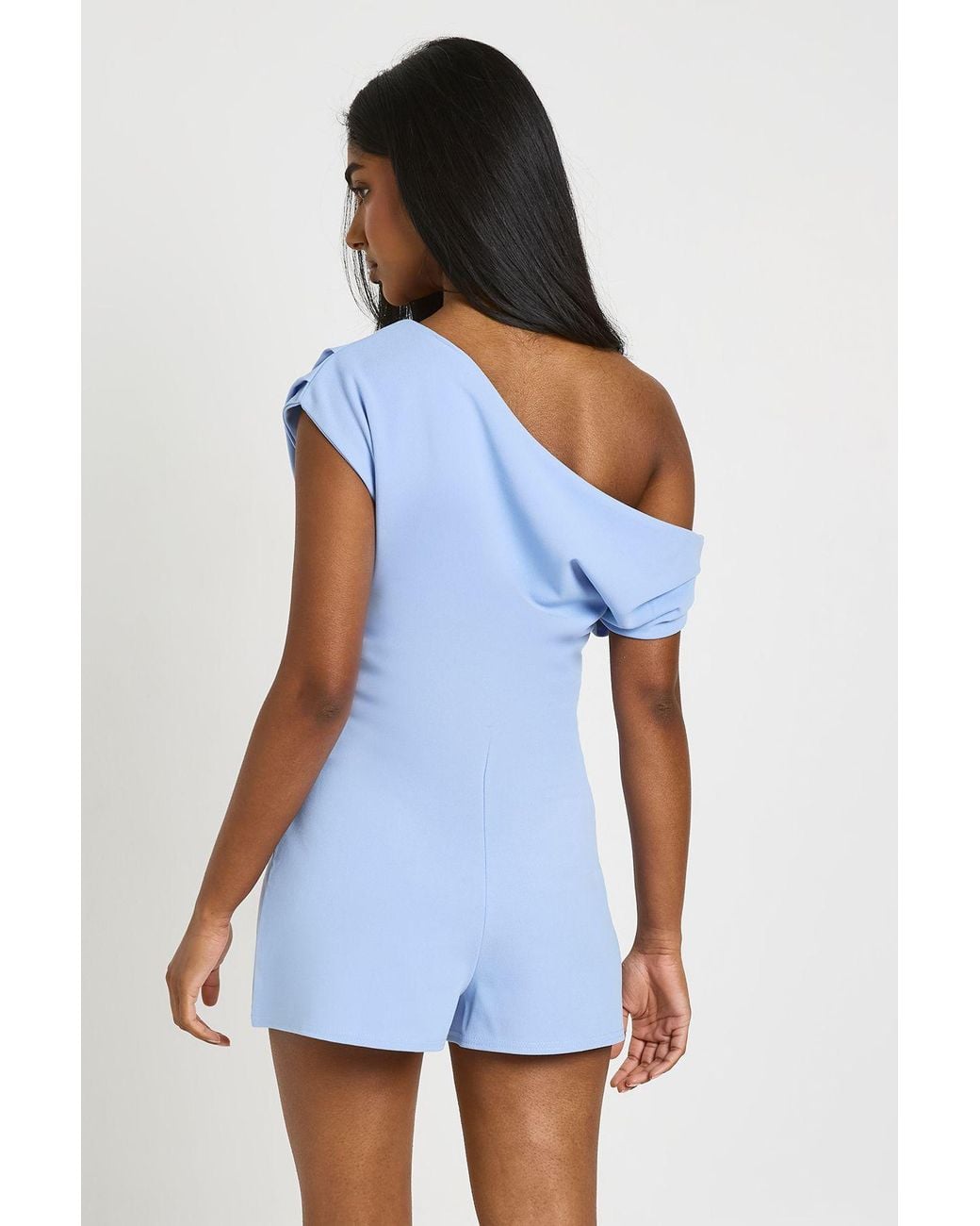 Boohoo Blue Jersey Crepe Drape Shoulder Playsuit