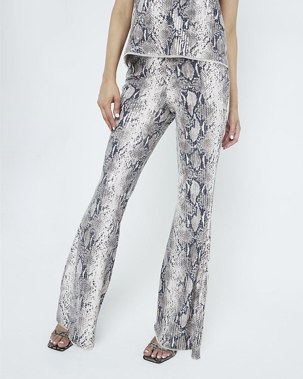 River Island Natural Flared Trousers Sequin Snake Print