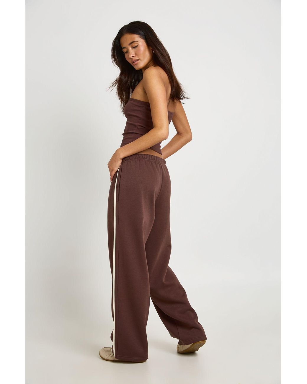 Boohoo Brown Ribbed Bandeau Top And Striped Jogger Tracksuit