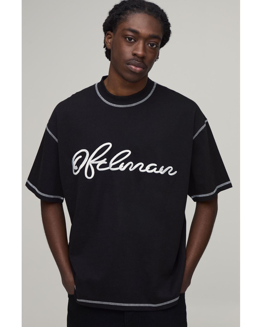BoohooMAN Black Oversized Exposed Seam Contrast Stitch Embroidered T-Shirt for men