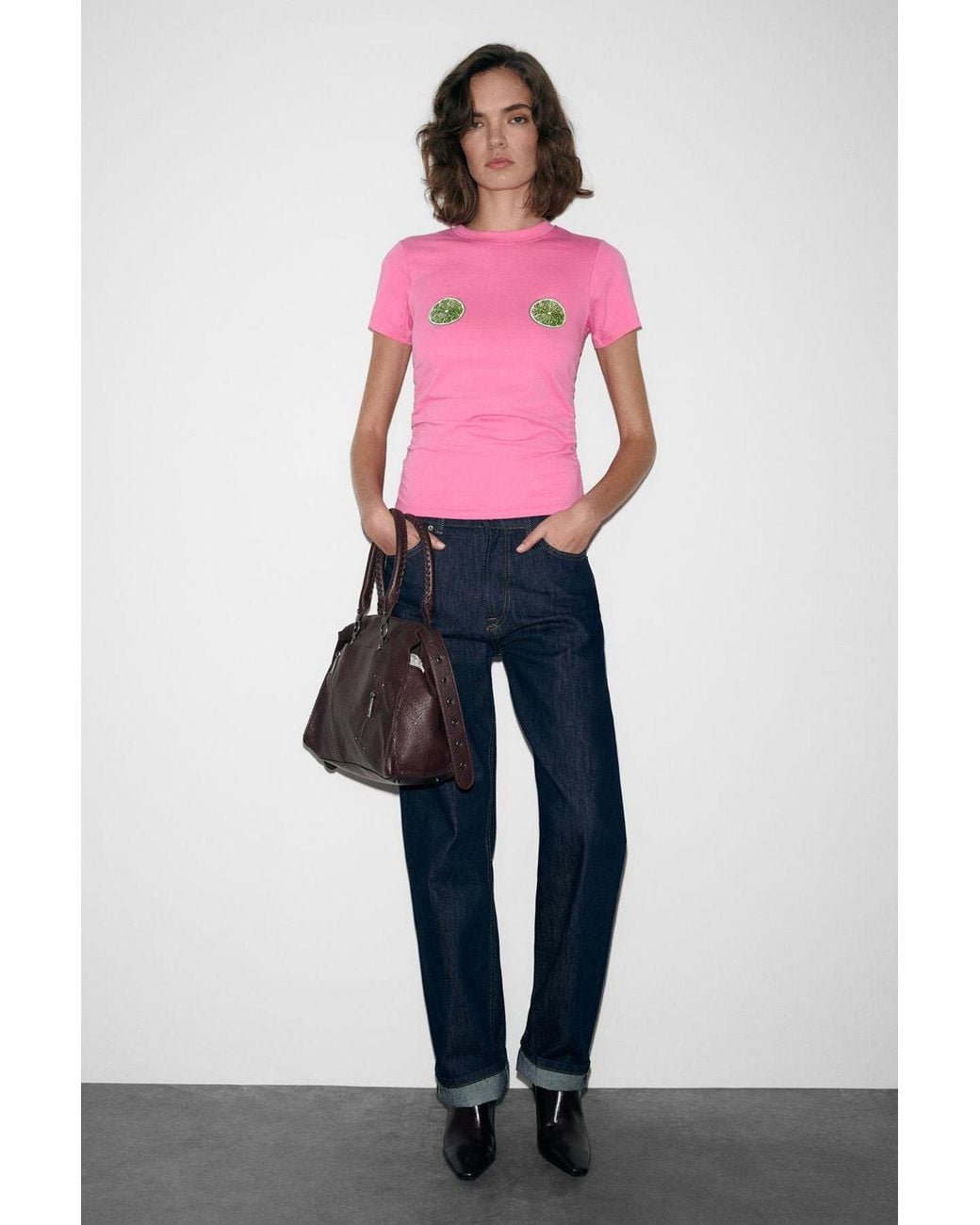 Grimelange Pink Printed Slim Fit Crew Neck T-Shirt