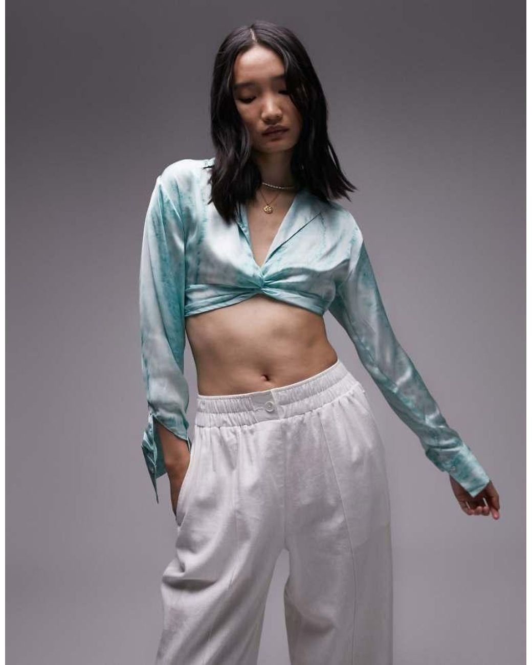 TOPSHOP Gray Tie Dye Twist Front Satin Blouse