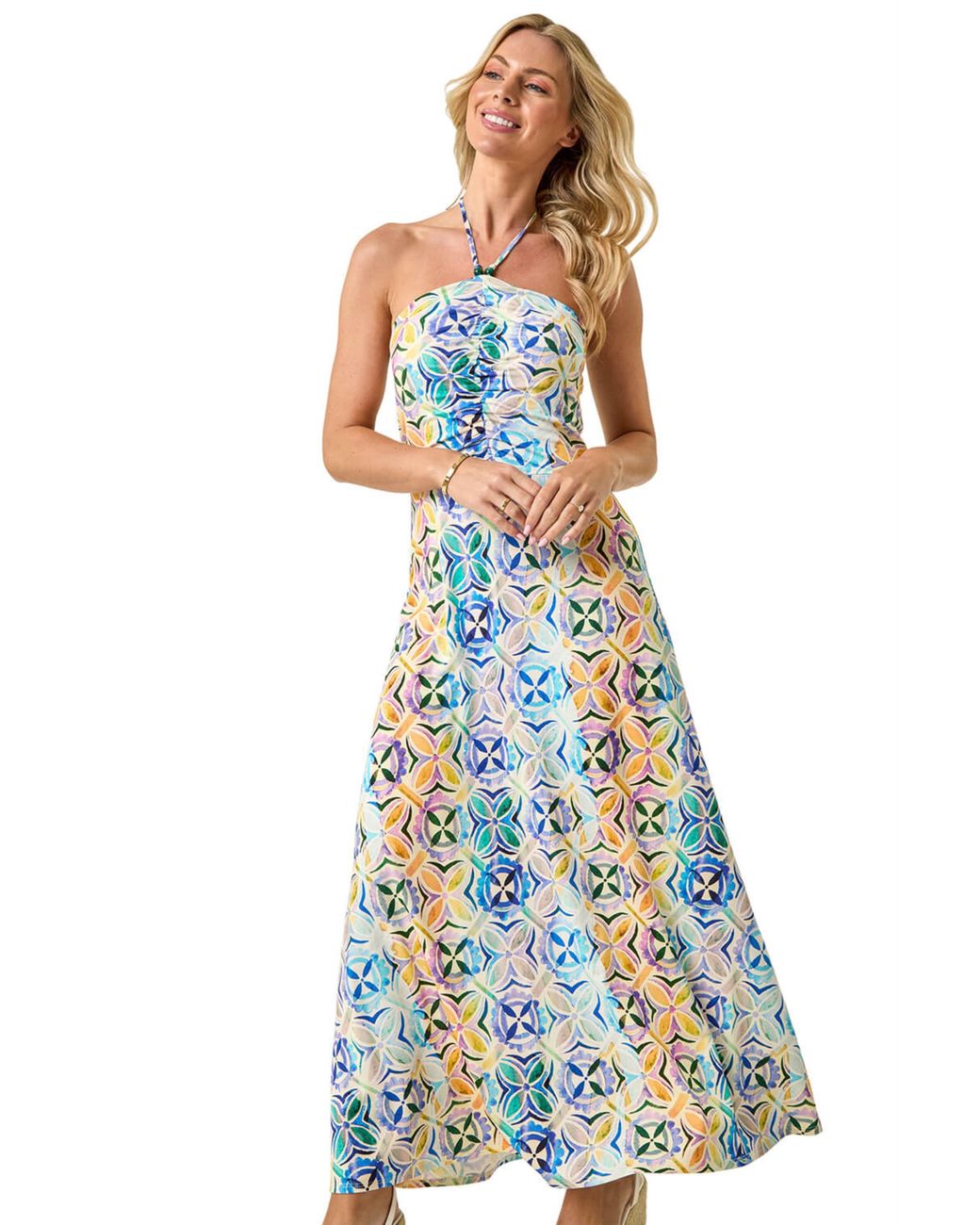 Roman Blue Petite Abstract Gathered Halter Maxi Dress