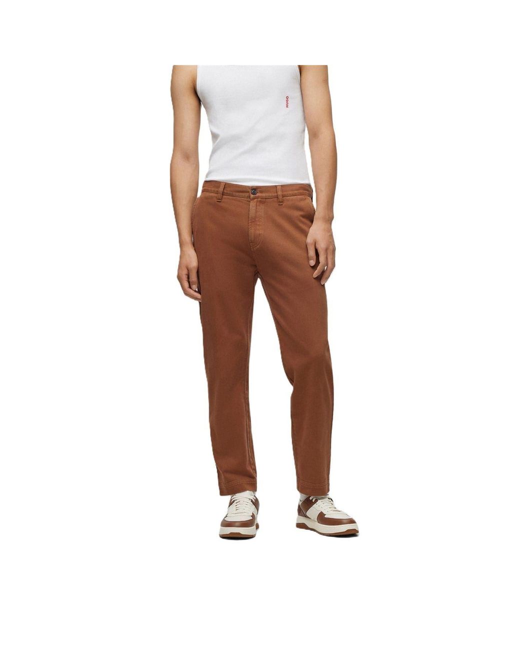 HUGO Brown Zeebo233D Solid Patterned Straight Chinos for men