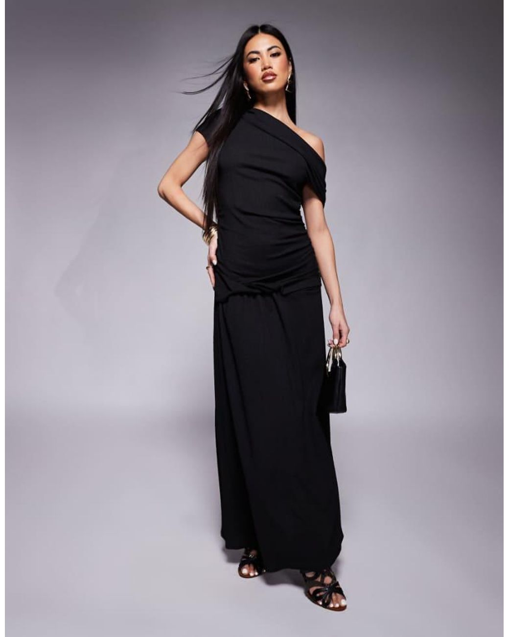 ASOS Blue Fallen Shoulder Ruched Asym Waist Midi Dress