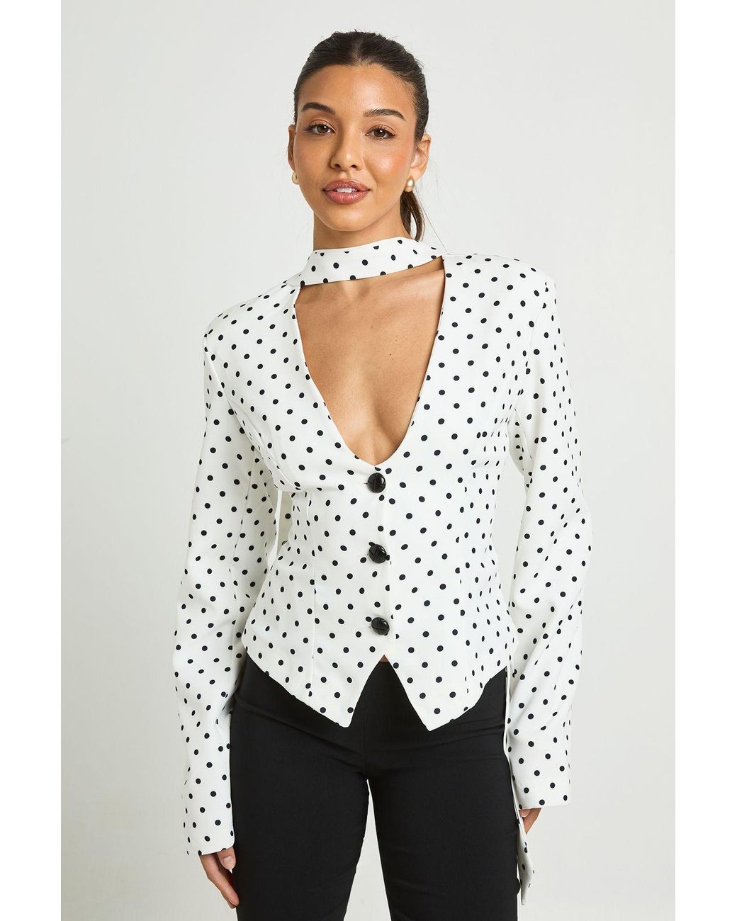 Boohoo White Polka Dot Scarf Detail Fitted Blazer