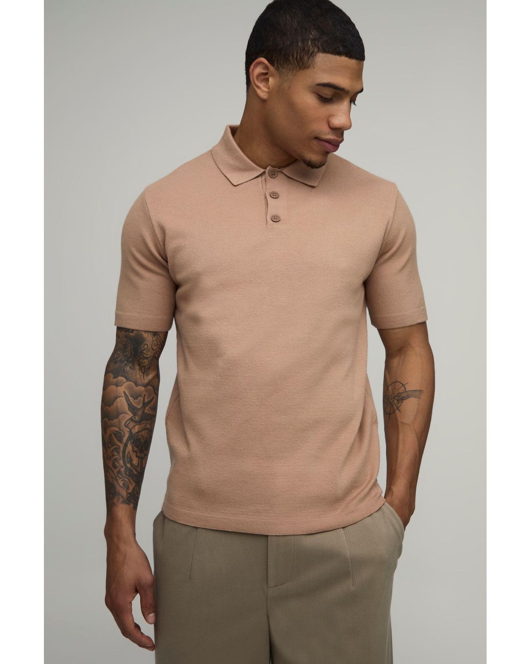 BoohooMAN Natural Regular Fit Soft Touch Knitted Polo for men