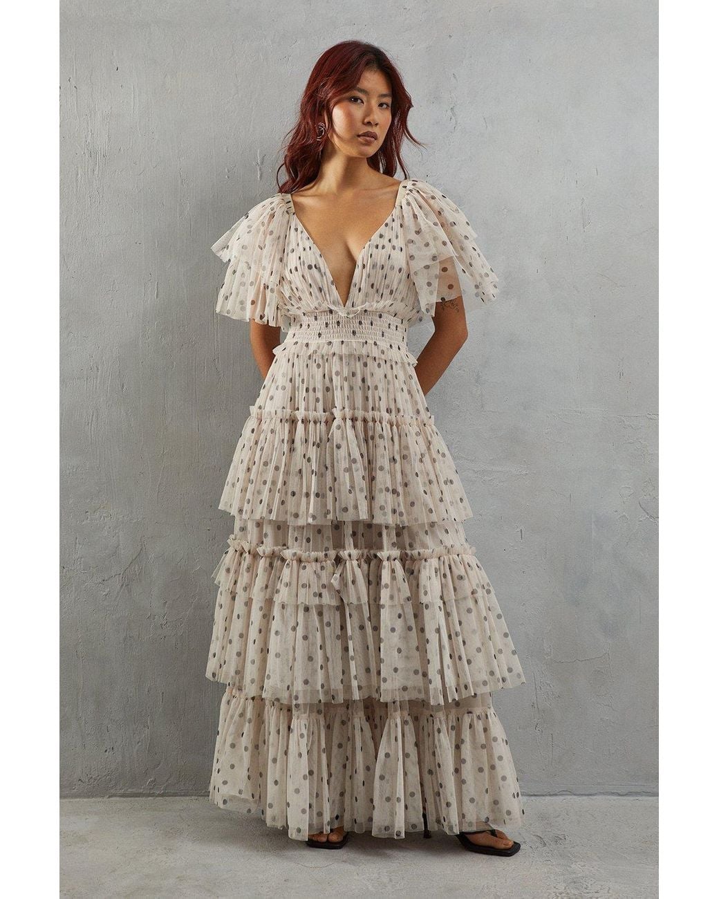 Warehouse Tulle Spot Plunge Neck Flutter Sleeve Tier Maxi Dress in Grey |  Lyst UK