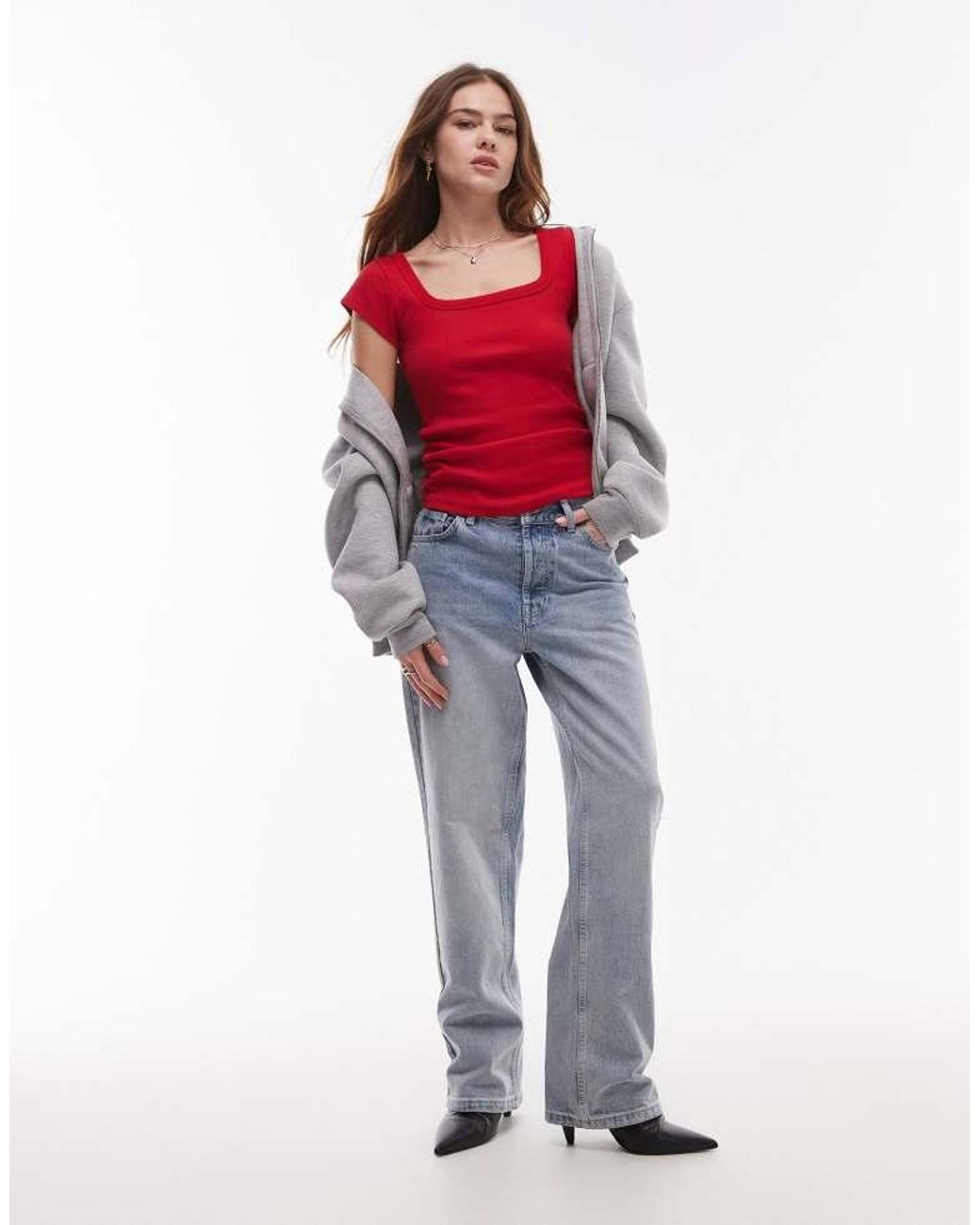 TOPSHOP Red Square Neck Rib Cap Sleeve Tee