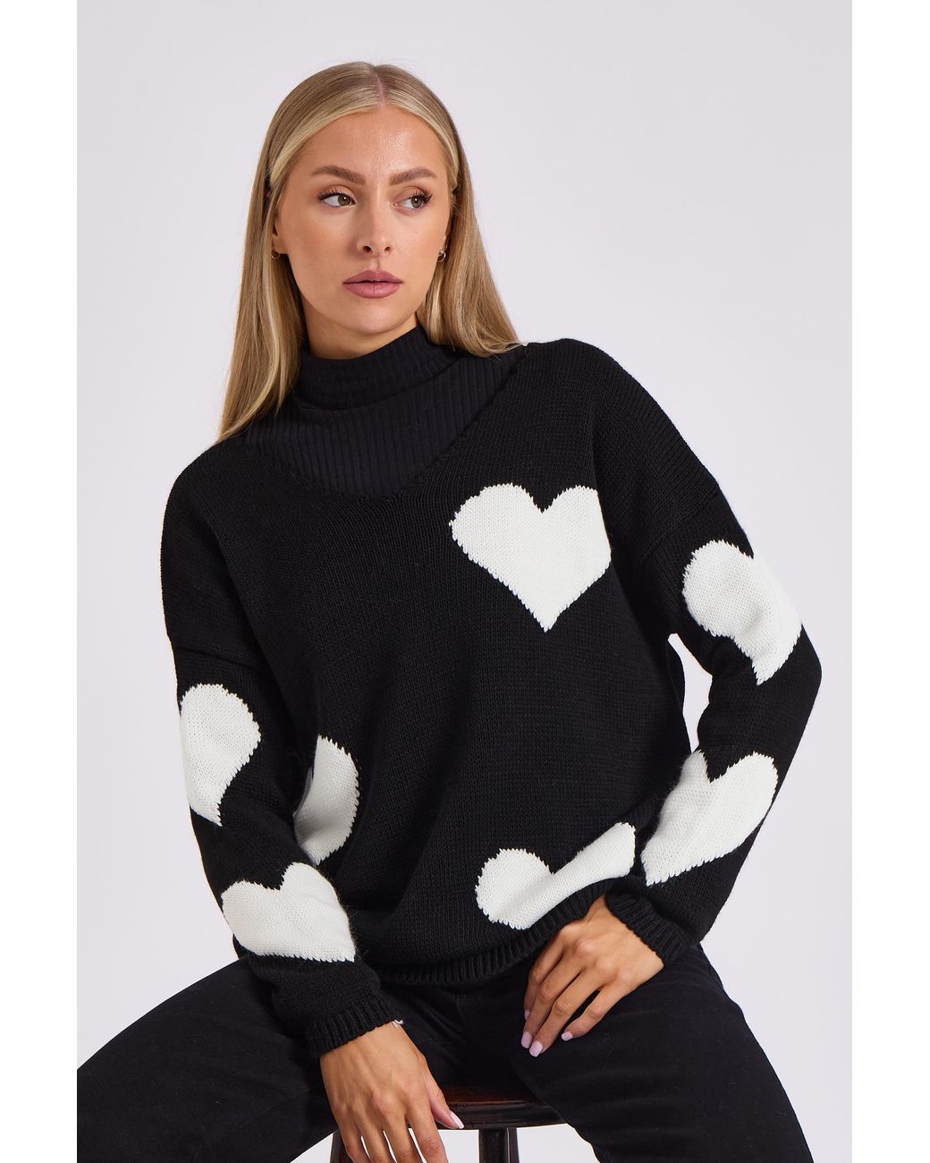 Gini London Black V Neck Oversized Heart Knit Jumper
